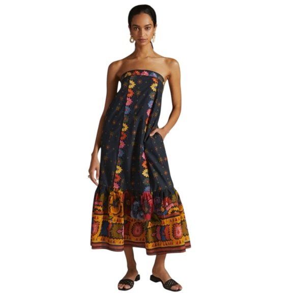 Farm Rio Black Embroidered Strapless Midi Dress Womens XS - Picture 1 of 8